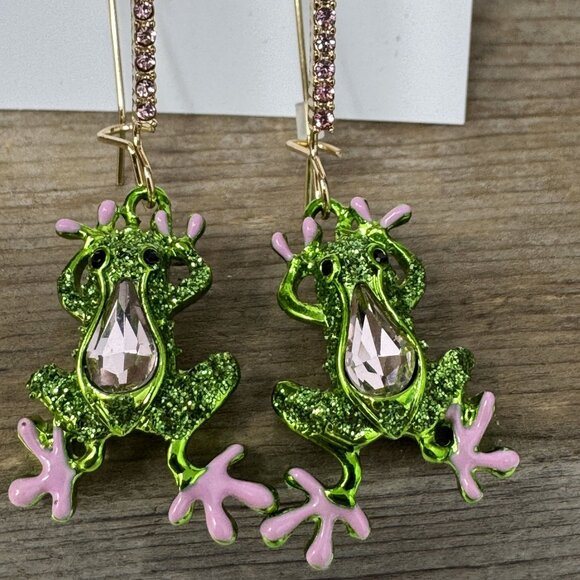 Betsey Johnson Frog Dangle Earrings With Rhinestone Accents & Pink Enamel Detail - Picture 4 of 5